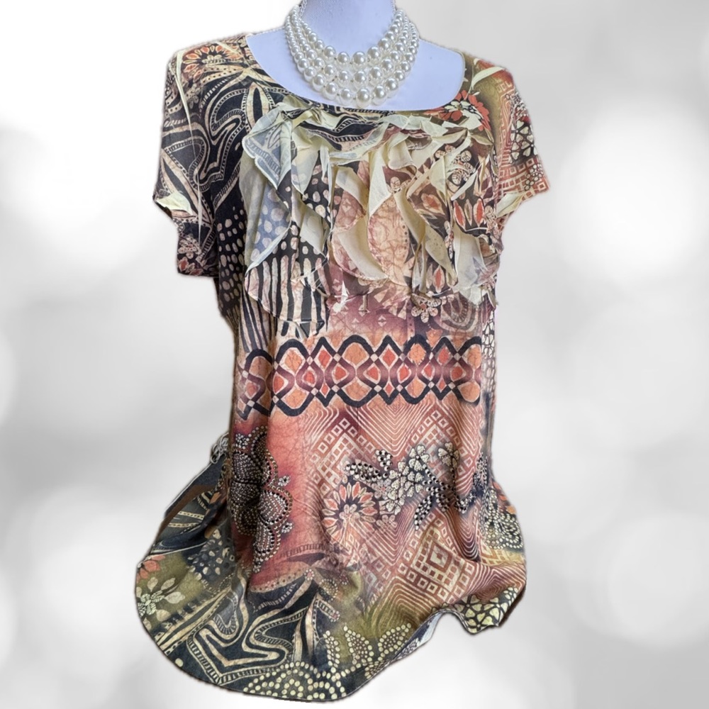 Chico's Floral Patchwork Ruffle Front Blouse in Coral, Olive, Black, Vintage